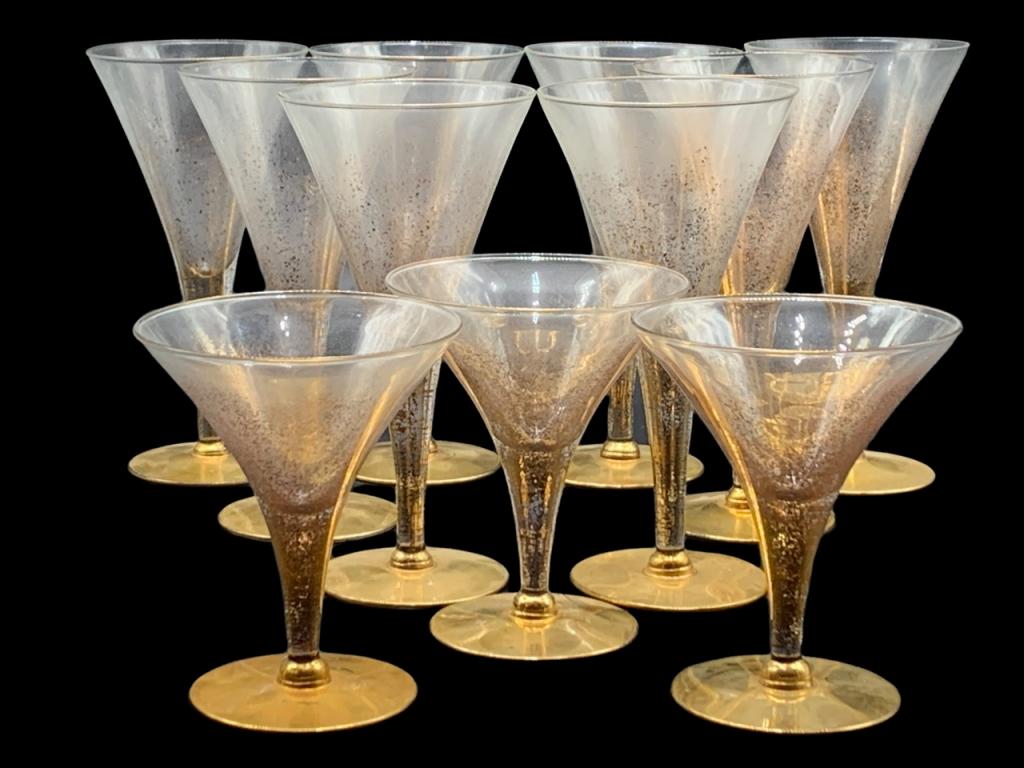 MID CENTURY MURANO INSPIRED CHAMPAGNE GLASSES: MID CENTURY MURANO INSPIRED CHAMPAGNE GLASSES-11 PIECE SET-JR 9/7