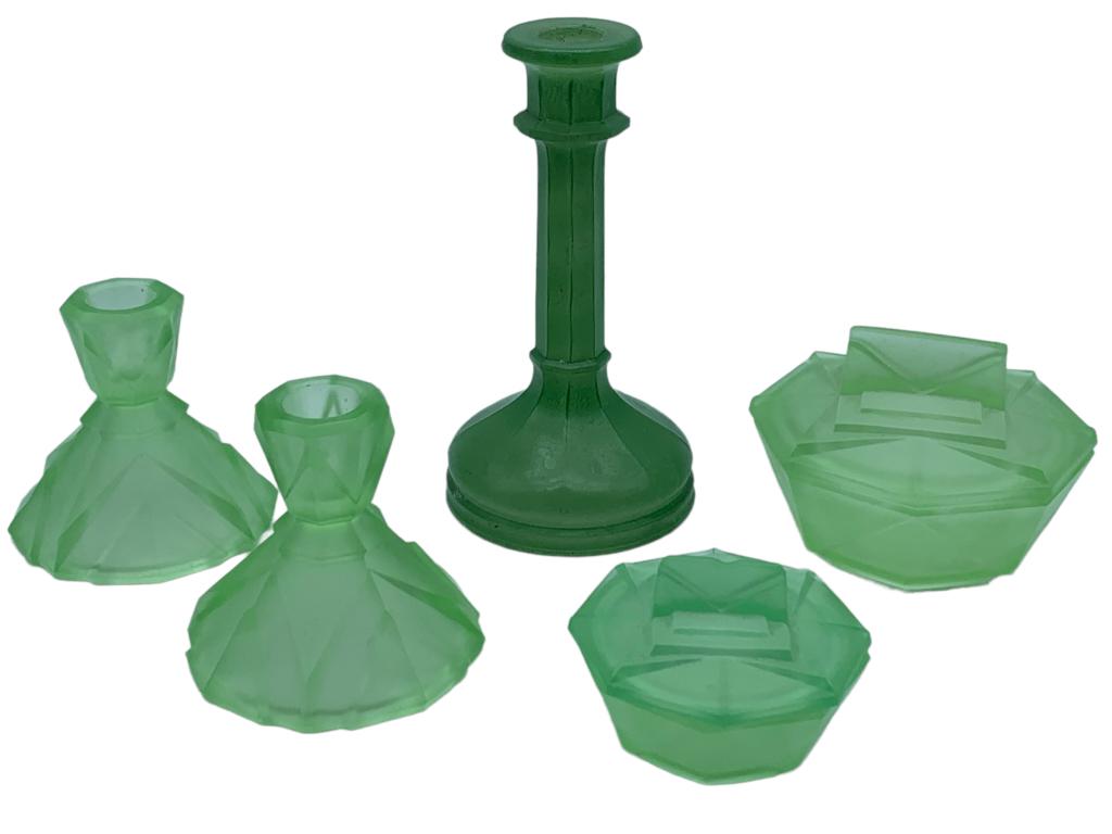 ANTIQ VASELINE GREEN GLASS CONTAINER SET (1 of 9)