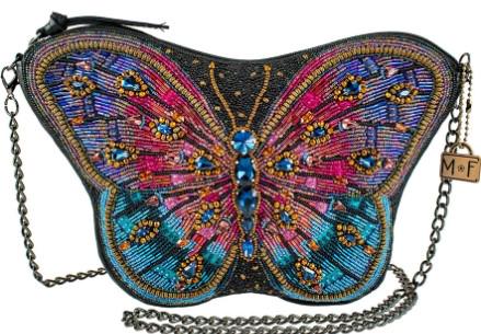 NEW! MARY FRANCES "JEWELED BUTTERFLY" HANDBAG: NEW! MARY FRANCES "JEWELED BUTTERFLY" HANDBAG 11 x 1.5 x 7"Strap Length End to End: 49"Strap Drop: 23"Removable crossbody chain strap, zipper closure, back pocket, inside pocket, fits a cell phone, ge