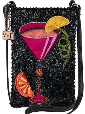 NEW! MARY FRANCES "TAKE A SIP" CROSSBODY: NEW! MARY FRANCES "TAKE A SIP" CROSSBODY 5 x 0.5 x 7.75"Strap Length End to End: 49"Strap Drop: 24"Non-removable leather crossbody strap, top compartment, genuine leather back with slip pocket, fits c