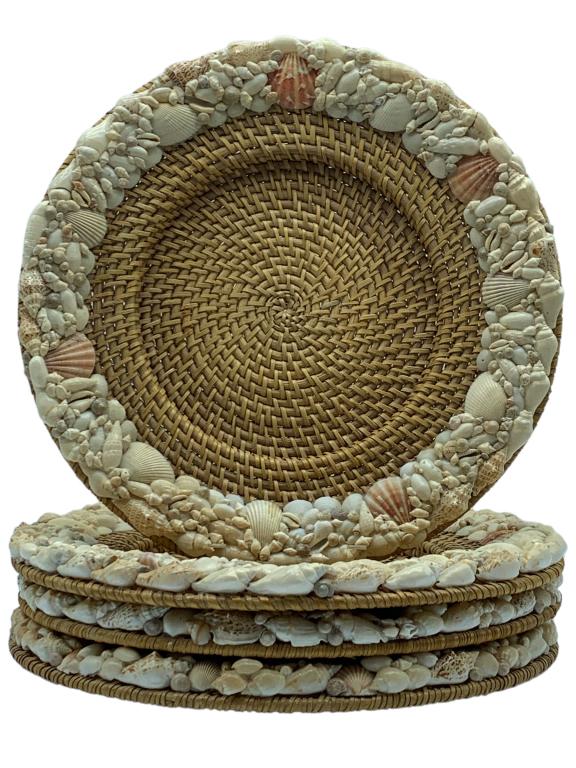 SEA SHELL WOVEN RATTAN WICKER PLATE HOLDERS (4) (1 of 5)