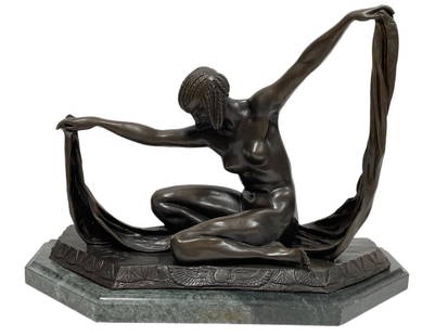 AFTER COLINET BRONZE ISIS SCULPTURE 16": AFTER CLAIRE JEANNE ROBERTE COLINET "ISIS" SCULPTURE | FRENCH ART DECO REGENCY STYLE ART TABLE CENTERPIECE-16" X 22" X 9" APPROX-GOOD PRE OWNED CONDITION, LOOSENESS TO BASE Bidding on this item requir