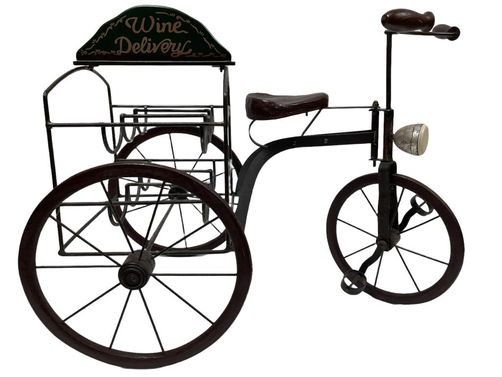 VTG BICYCLE WINE CART WITH STORAGE FOR 6 BOTTLES: VINTAGE ANTIQUE STYLE BICYCLE WINE CART WITH STORAGE FOR 6 BOTTLES-21" X 27" X 16" APPROX-GOOD PRE OWNED CONDITION\-DP83022 THIRD PARTY SHIPPING REQUIRED ON ALL ITEMS. A list of shippers can be found 