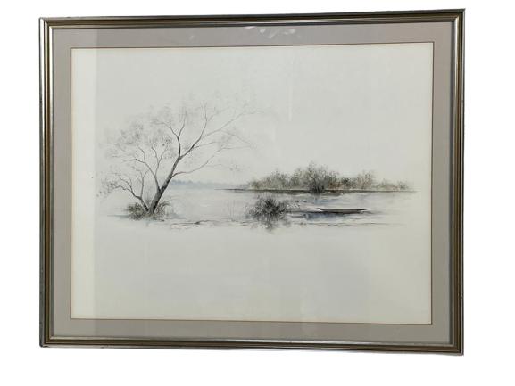 VTG LANDSCAPE WATERCOLOR INK DRAWING 29" (1 of 4)