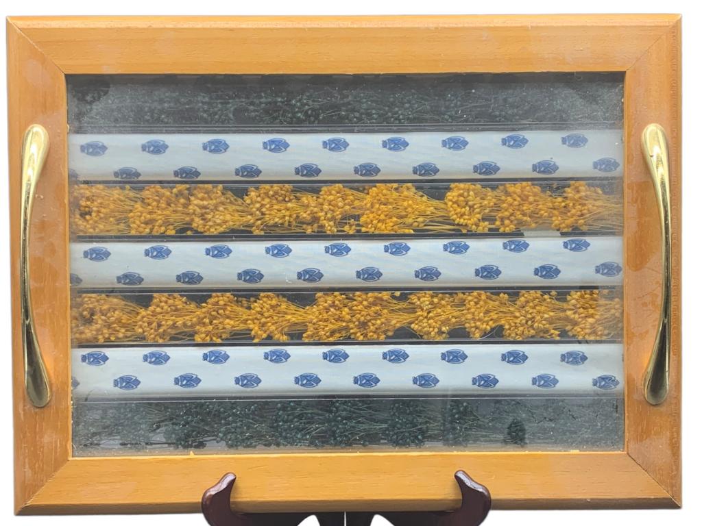 VTG LUCITE SERVING TRAY: -VTG LUCITE SERVING TRAY -WOOD FRAMED TRANSPARENT TRAY WITH INFUSED FLORAL DECOR-JR 9/19