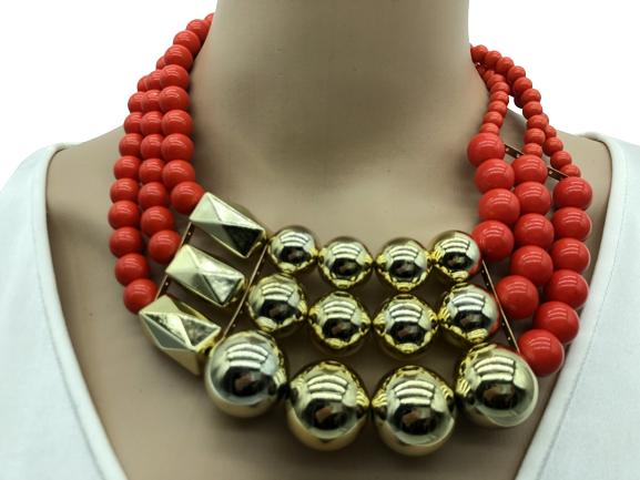 VINTAGE RED & GOLD LARGE BEADED 3-STRAND NECKLACE (1 of 2)