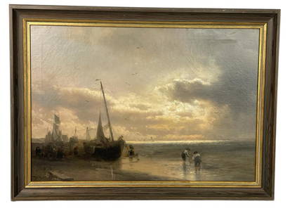 HERMANN HERZOG HARBOR SCENE OIL PAINTING 25": HERMANN HERZOG HARBOR SCENE WITH FISHING BOATS AND FISHERMAN ORIGINAL OIL PAINTING -SIGNED BOTTOM RIGHT-18" X 25" APPROX-PRE OWNED CONDITION , MINOR CRAZING, MINOR LOSS OF