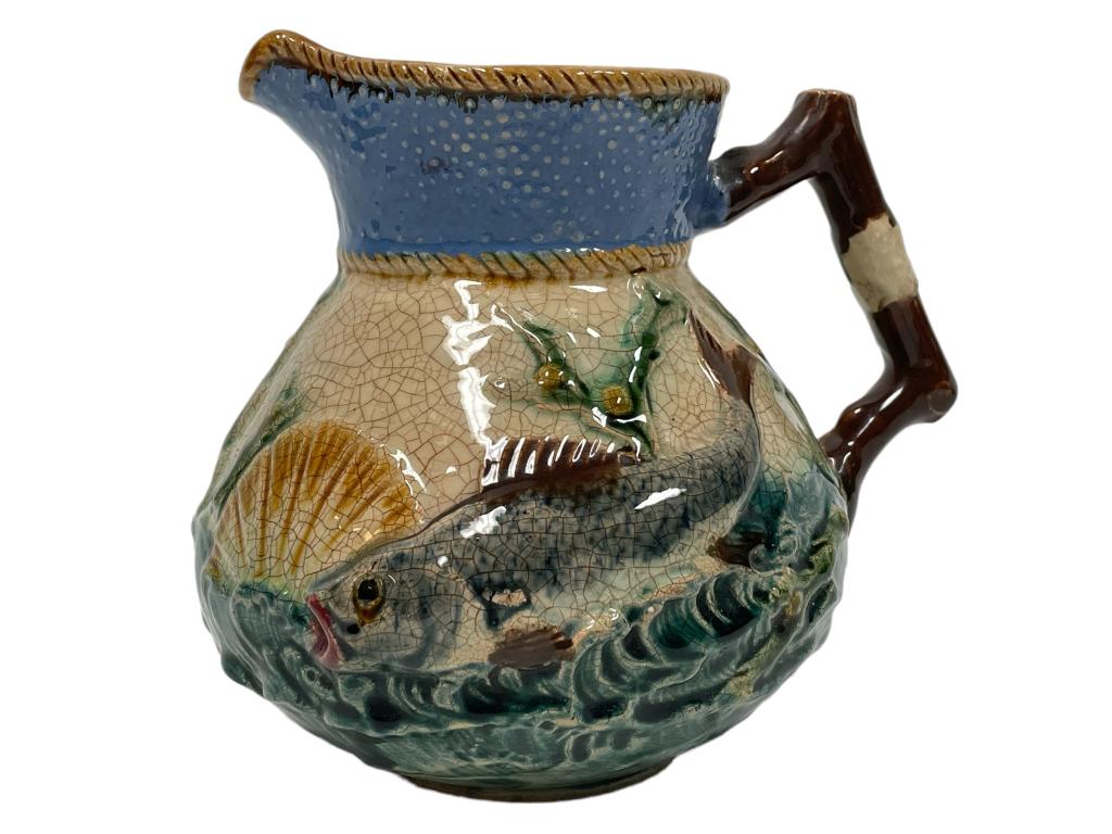 ANTIQUE ENGLISH MAJOLICA FISH & SHELL PITCHER 9" (1 of 7)