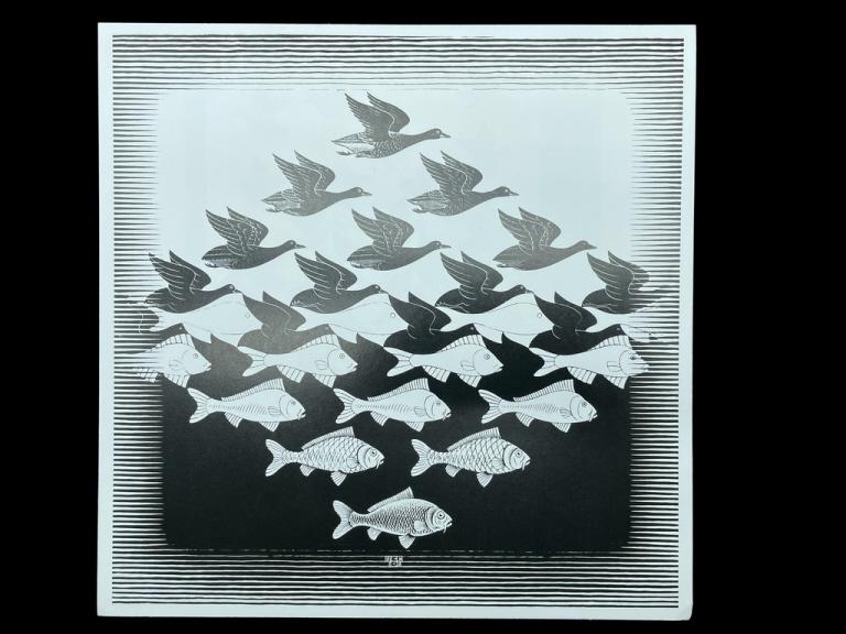 M.C. ESCHER SKY AND WATER 1938 PRINT 10.25": AFTER M.C. ESCHER SKY AND WATER 1938 PRINT-10.25" X 10.25" APPROX-PRE OWNED CONDITION, MOUNTED TPO BOARD-DP101822