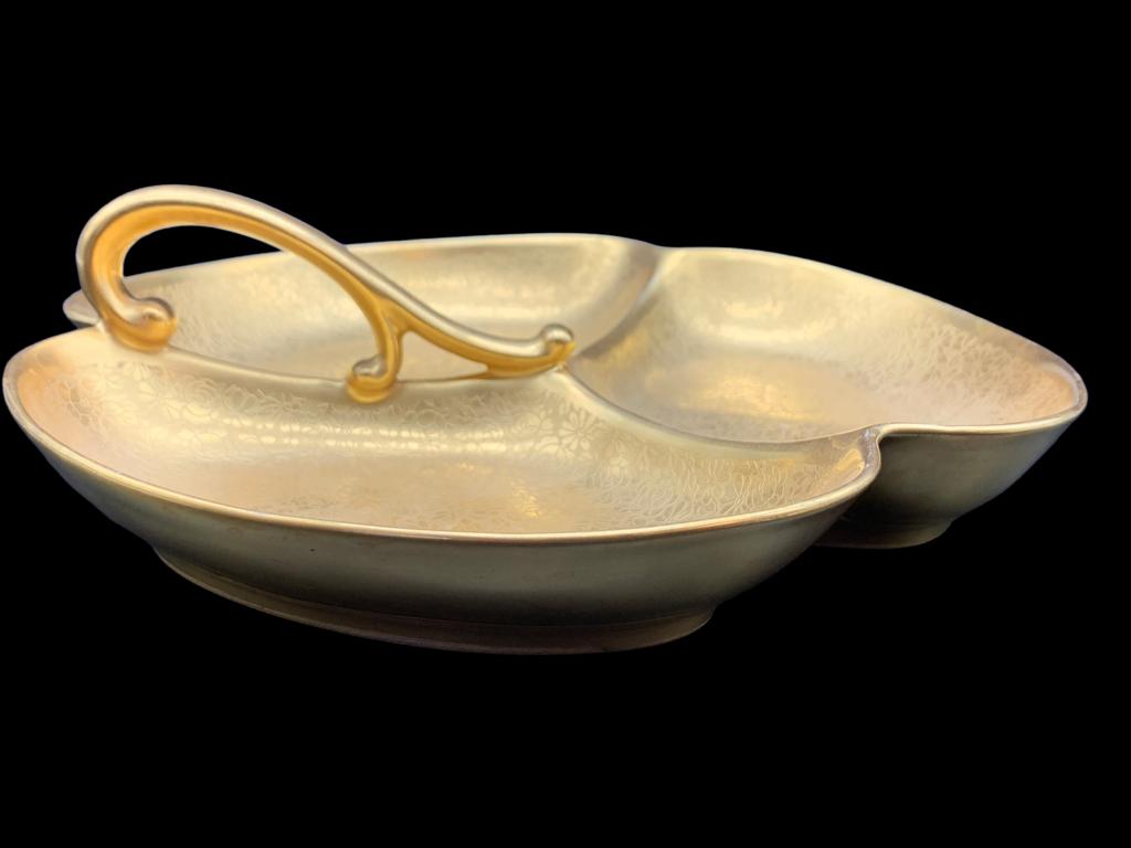 ANTIQUE STOUFFER HANDLED SERVING DISH IN 22K GOLD (1 of 6)