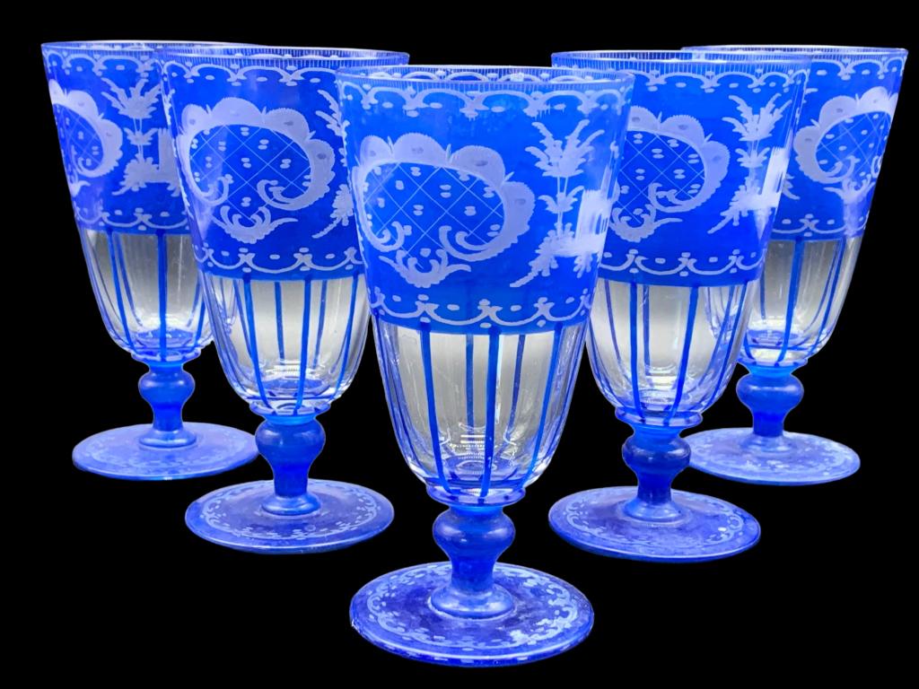 VTG BACCARAT STYLE BLUE ETCHED PARFAIT GLASSES (5) (1 of 5)