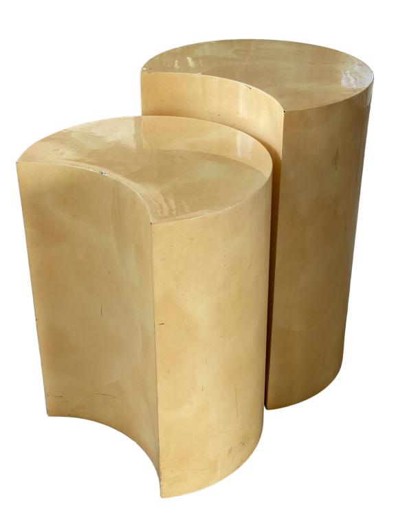 KARL SPRINGER STYLE GOATSKIN DEMI LUNE TABLES 24": VINTAGE MID CENTURY MODERN KARL SPRINGER STYLE GOATSKIN DEMI LUNE TABLES-24" X 16" X 11" APPROX-21" X 16" X 11" APPROX-PRE OWNED CONDITION, MINOR WEAR-DP102622