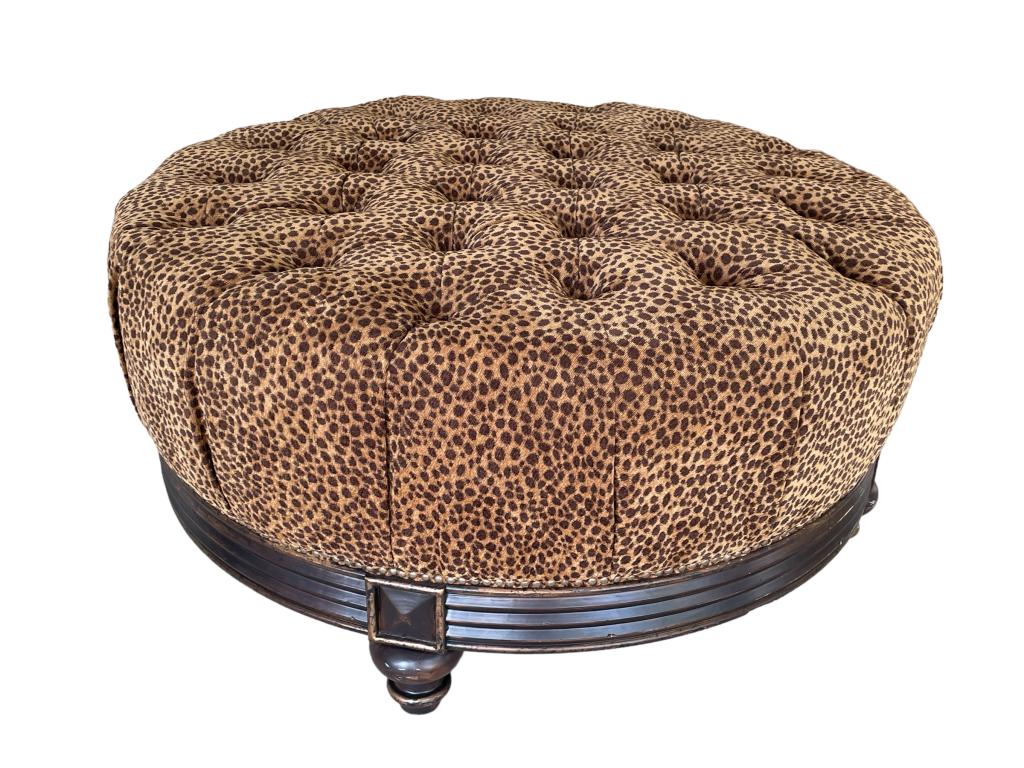 LARGE EMPIRE STYLE TUFTED OTTOMAN WITH LEOPARD 43": VINTAGE LARGE EMPIRE STYLE TUFTED OTTOMAN WITH LEOPARD ANIMAL PRINT CUSTOM UPHOLSTERY | REGENCY STYLE ART DECO STYLE DUNCAN PHYFE STLE SOFA OTTOMANS-20" X 43" APPROX- PRE OWNED CONDITION-DP102622