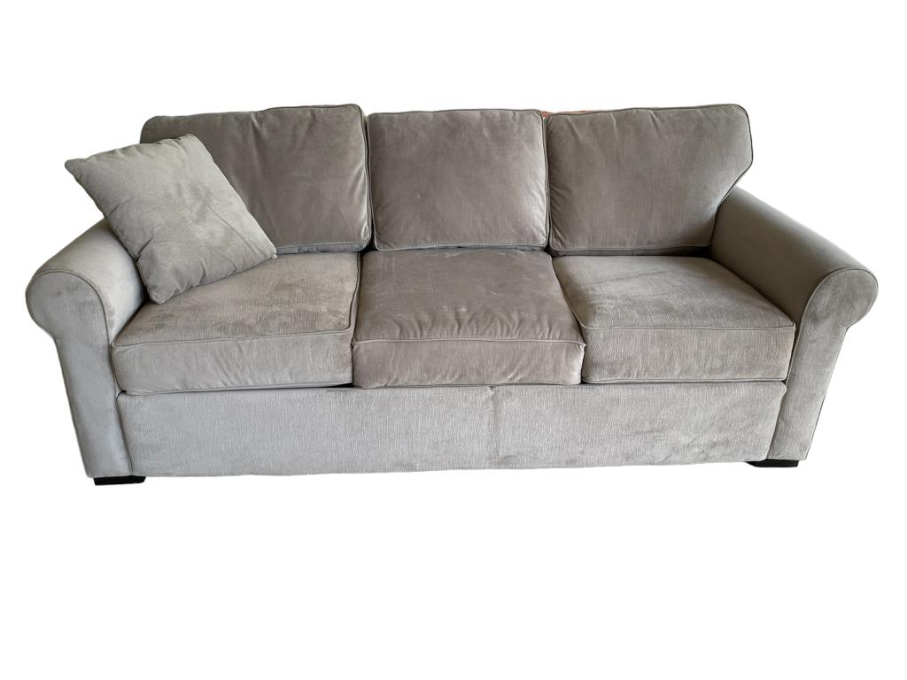 TRADITIONAL JOHNATHAN LEWIS GREY SLEEPER SOFA 86": TRADITIONAL GREY SLEEPER SOFA-35" X 86" X 35" APPROX-PRE OWNED CONDITION-DP102622