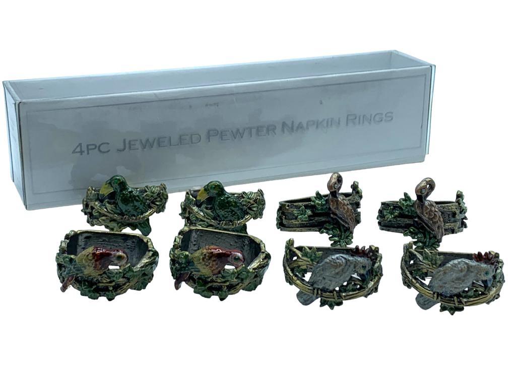 CENTRUM JEWELED JUNGLE THEMED NAPKIN RINGS (8): -CENTRUM JEWELED JUNGLE THEMED NAPKIN RINGS (8) -ILLUSTRATIONS OF BIRDS NESTING PARROTS, FLAMINGOS ECT.-SEE ALL PHOTOSJR 10/31