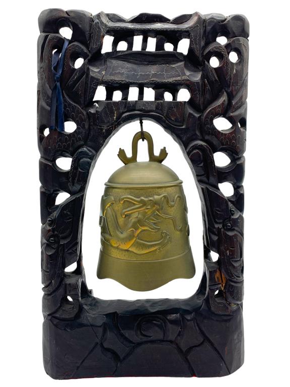 ORIENTAL BRONZE DRAGON TEMPLE BELL & WOOD FRAME (1 of 5)