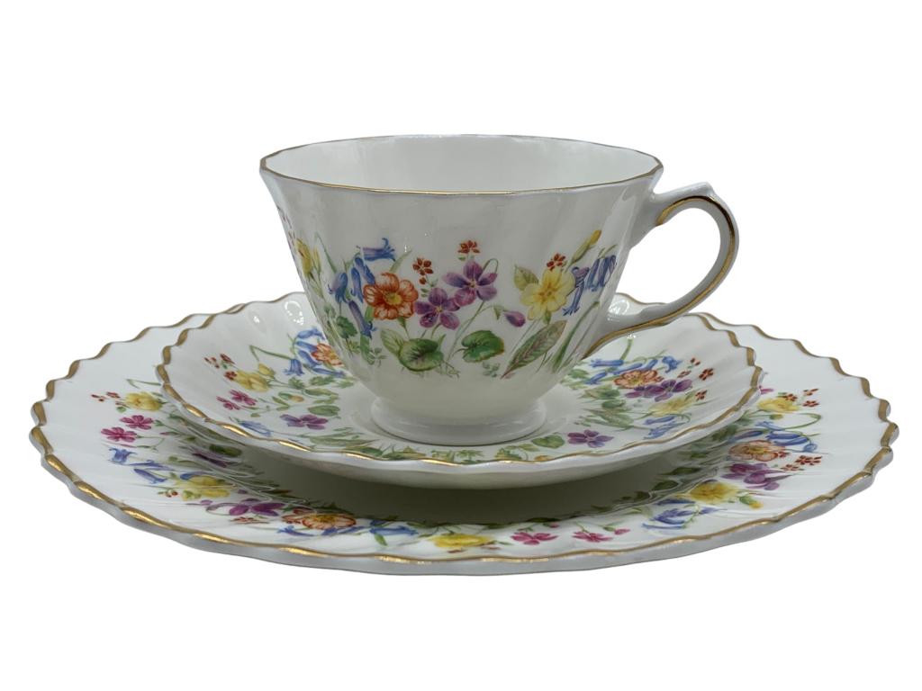 ROYAL DOULTON "EATSER MORN" DEMITASSE TECUP TRIO: ROYAL DALTON EATSER MORN DEMITASSE TECUP & SAUCER SET-1 TEACUP-1 SAUCER-1 DESSERT PLATE -"EASTER MORN" PATTERN ON WHITE SWIRL PORCELAINJR 11/02