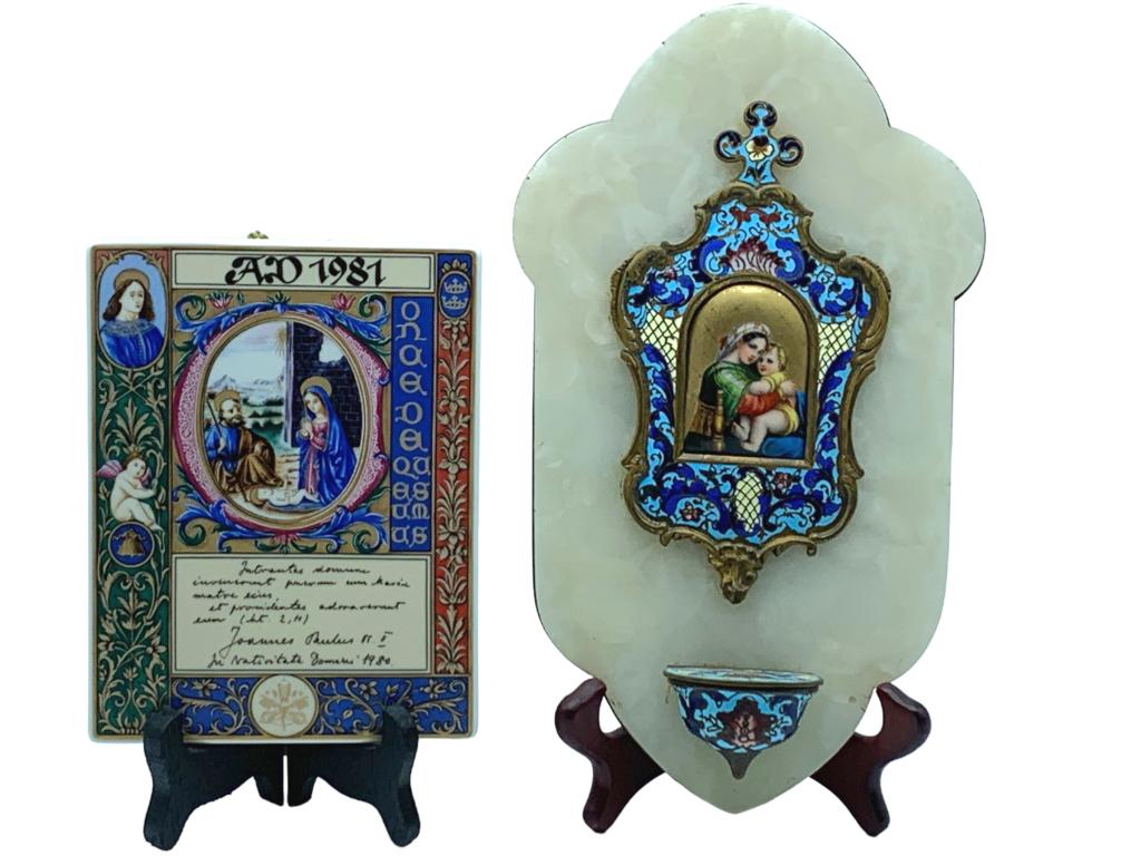 ANTIQUE HOLY WATER FONT OF BRONZE ENAMEL & ONYX (1 of 9)