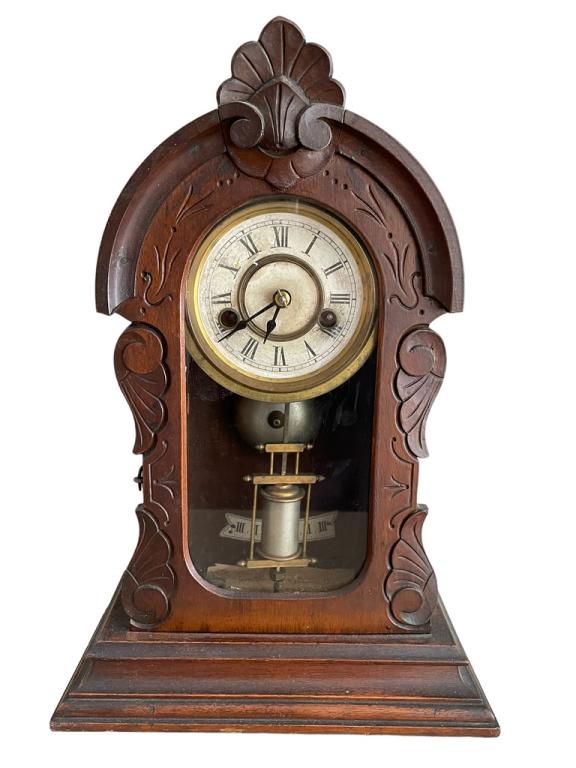 ANTIQUE 1855 ANSONIA MANTEL CLOCK: ANTIQUE 1855 ANSONIA MANTEL CLOCK-ANSONIA CONNECTICUT PURCHASED 1879-PRE OWNED CONDITION, WITH KEY NO PENDULUM-DP11422