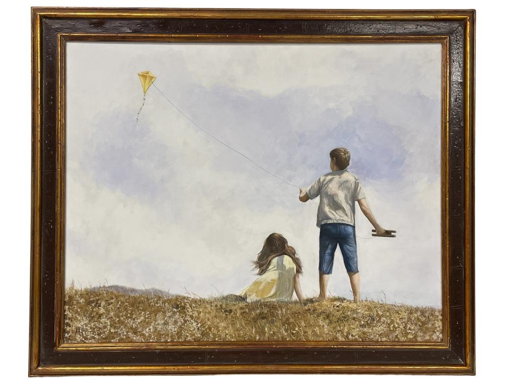 MILTON BOY & GIRL FLY A KITE OIL PAINTING 35" (1 of 3)