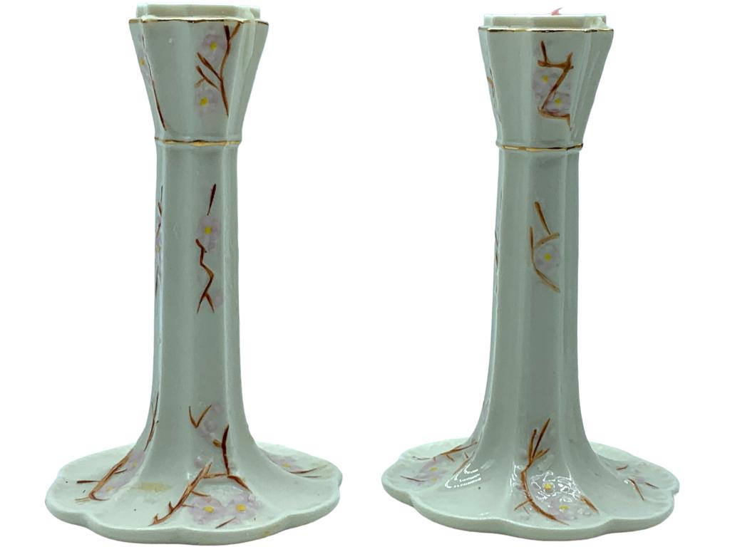 BELLEEK CERAMIC PINK CHERRY BLOSSEM CANDLESTICKS (1 of 4)