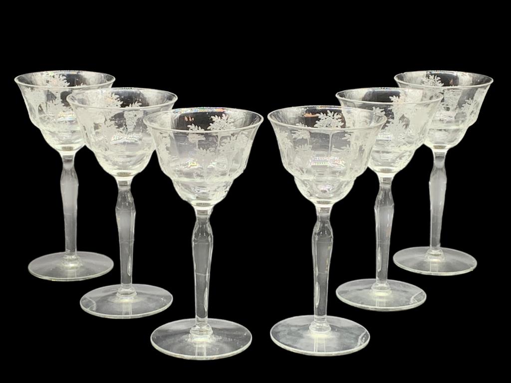 VTG ART DECO CHAMPAGNE COUPE WINE GLASSES 6": -VTG ART DECO CHAMPAGNE COUPE WINE GLASSES 6" -COCKTAIL CUT STEMWARE BARWARE-SERT OF 6 CLASSES-ENGRAVED ETCHED FLORAL DESIGN-JR 10/3