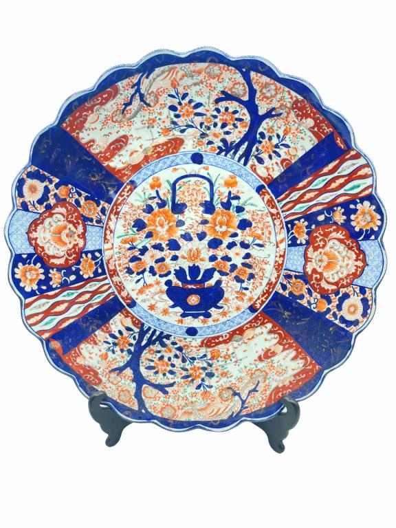 19TH CENTURY JAPANESE HANDPAINTED IMARI PLATE 22": 19TH CENTURY JAPANESE HANDPAINTED IMARI PLATE -HAND PAINTED IN FLORAL MOTIFS IN RED AND BLUE-LARGE 22"-VERY GOOD ANTIQUE CONDITION