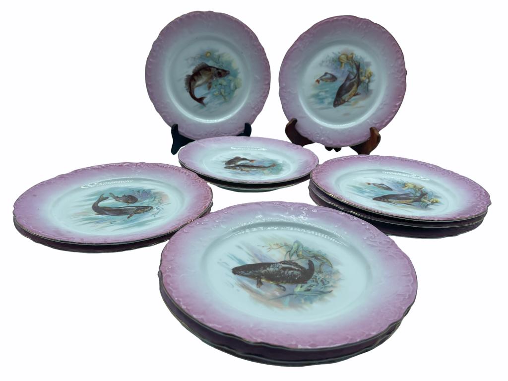 12 ANTIQUE EMBOSSED VICTORIA CARLSBAD FISH PLATES (1 of 3)