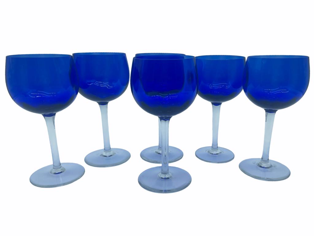 VTG SET OF 6 COBALT BLUE WINE GOBLET GLASSES: VTG SET OF 6 COBALT BLUE WINE GOBLET GLASSES