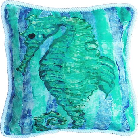 NEW MY ISLAND AQUA SEAHORSE COTTON COASTAL PILLOW: NEW MY ISLAND AQUA SEAHORSE COTTON COASTAL PILLOW NEW AQUA SEAHORSE COTTON COASTAL PILLOW BY MY ISLAND-20 X 20-Vibrant Colors, Large 20 x 20, Washable, 100% Duck Cotton. Fabric Coated for Covered Outd