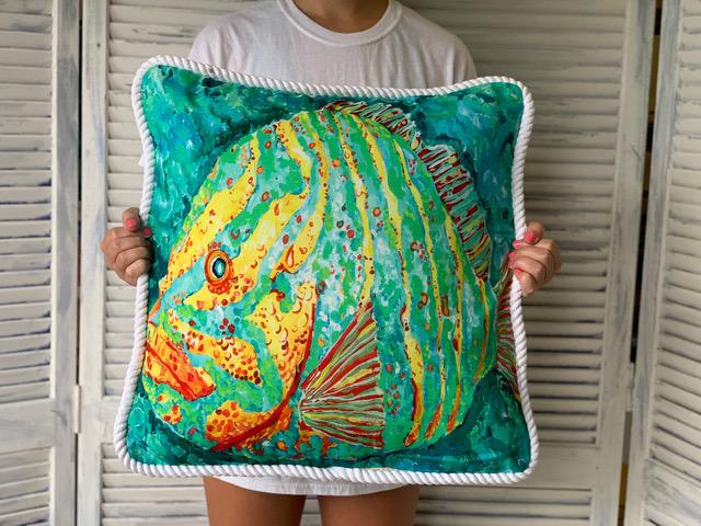 NEW FISH MOTIF COASTAL PILLOW BY MY ISLAND: NEW FISH MOTIF COASTAL PILLOW BY MY ISLAND -20 X 20-Vibrant Colors, Large 20 x 20, Washable, 100% Duck Cotton. Fabric Coated for Covered Outdoor Applications