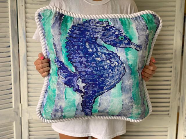 NEW SEAHORSE MOTIF COASTAL PILLOW BY MY ISLAND: NEW SEAHORSE MOTIF COASTAL PILLOW BY MY ISLAND -20 X 20-Vibrant Colors, Large 20 x 20, Washable, 100% Duck Cotton. Fabric Coated for Covered Outdoor Applications