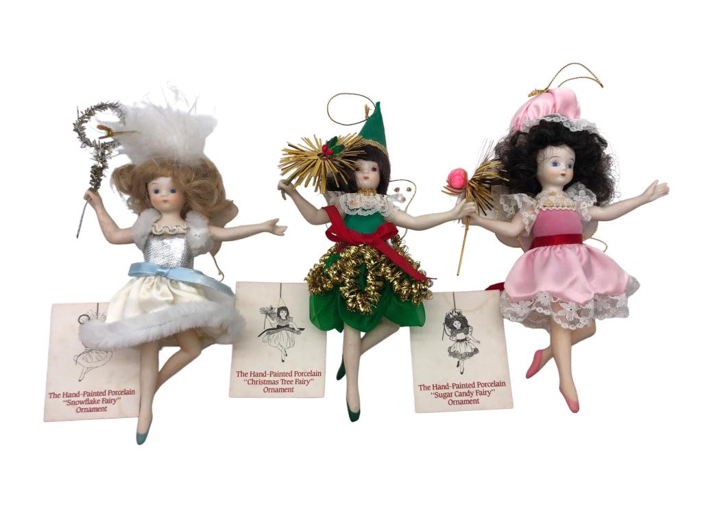 VTG HAND PAINTED PORCELAINE FAIRIES, LOT OF 3: VTG HAND PAINTED PORCELAINE FAIRIES, LOT OF 3 - HANG ON WINDOW OR TREE-"SNOWFLAKE FAIRY"-"CHRISTMAS FAIRY"-"SUGAR CANDY FAIRY"