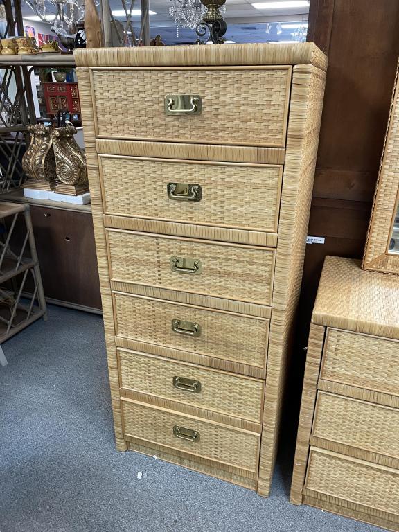DIXIE FURNITURE WICKER WEAVE HIGHBOY 56": VINTAGE DIXIE FURNITURE BAMBOO RATTAN WICKER WEAVE HIGHBOY DRESSER MID CENTURY COASTAL MODERN -HIGHBOY DRESSER 56" X 24" X 18" APPROX