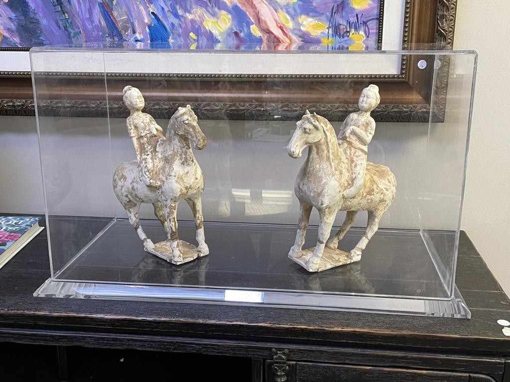 ANTIQUE TANG DYNASTY POTTERY HORSES & RIDERS, PAIR (1 of 5)