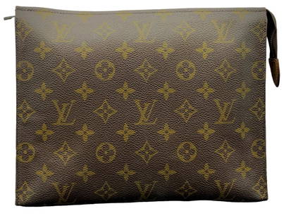 VTG LOUIS VUITTON LV MONOGRAM TOILETRY POUCH: -VTG LOUIS VUITTON LV MONOGRAM TOILETRY POUCH -BROWN -GOOD VINTAGE CONDITION-SIZE: 10"W 8"TX 2"DJR 11/28LOT 1 OF 2