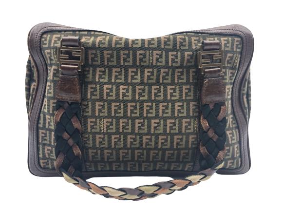 FENDI BRAIDED MONOGRAMMED ZUCCA SATCHEL BAG: FENDI BRAIDED SATCHEL BAG -BEIGE/DARK BROWN CANVAS -ZUCCA CANVAS- 32*21*10CM -2390-8BL075-RU8-059-ALL BAGS HAVE BEEN AUTHENTICATED BOX 5 AAU0653