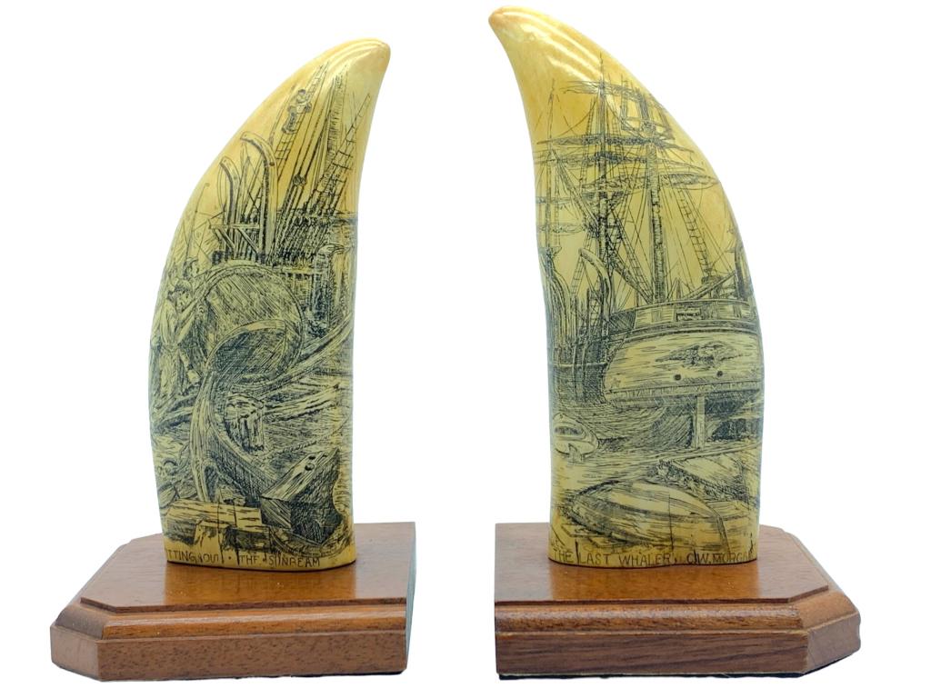 SCRIMSHAW WHALE TEETH BOOKEND SCULPTURES 8.5: -MUSEUM REPRODUCTION SCRIMSHAW WHALE TEETH BOOKENDS 8.5"-ETCHED DESIGN OF SHIP AND SAIL-JR 12/12 THIS ITEM IS LOCATED OFF-SITE. All items must be picked up by confirmed online appointment on SATURDAY,