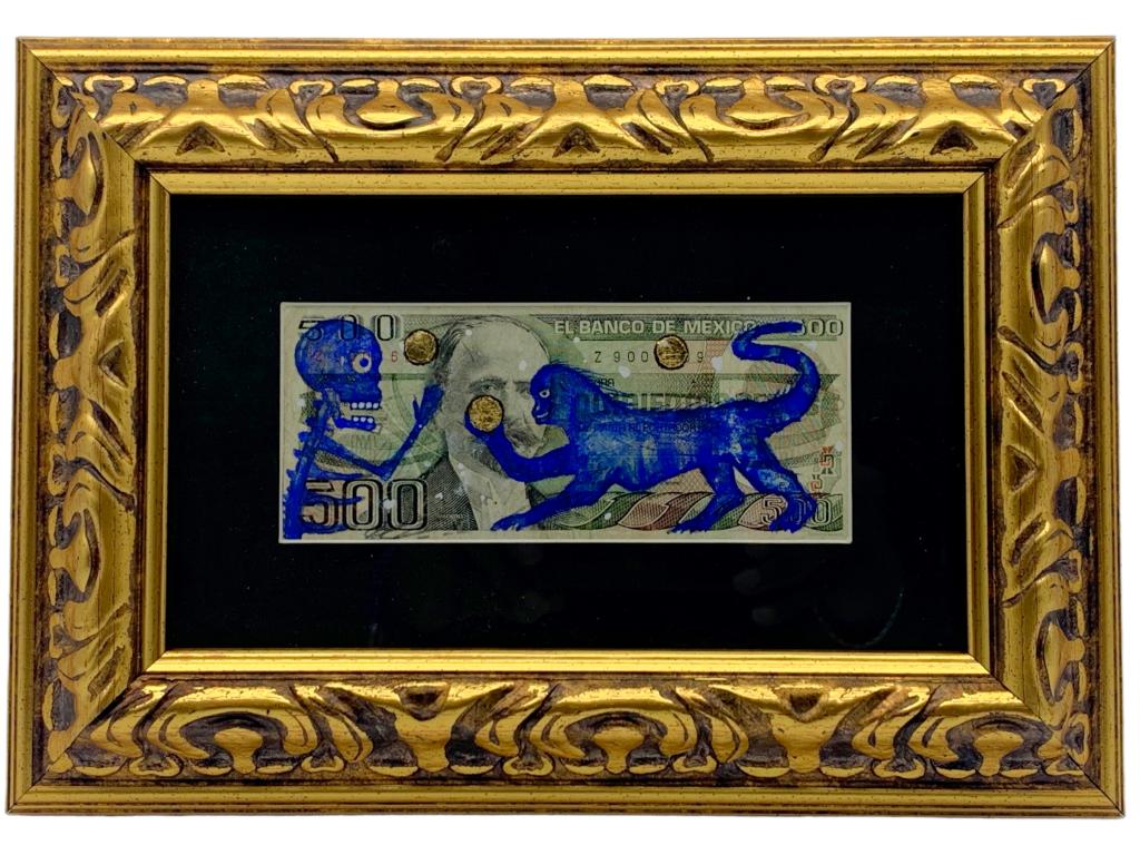 A. MEZA ORIGINAL ART MEXICO 500 PESO BANK NOTE 12": ALEX MEZA ORIGINAL ART ON BANCO DE MEXICO 500 PESO BANK NOTE | MEXICAN ARTIST FOLK ART-12" X 8" APPROX TO FRAME-GOOD PRE OWNED CONDITIONJR 12/05