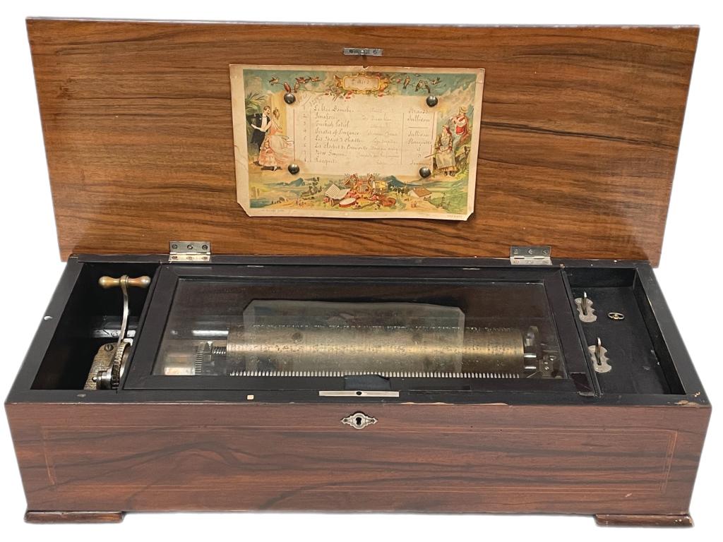 ANTIQUE 8 SONG MOJON - MANGER CO. SWISS MUSIC BOX: ANTIQUE MOJON - MANGER CO. 8 SONG SWISS MUSIC BOX | serial # 32-593-6" X 24" X 9" APPROX-WOOD INLAY BOX WITH MMC STAMP ON GOVERNOR-GOOD WORKING CONDITION-DP11422