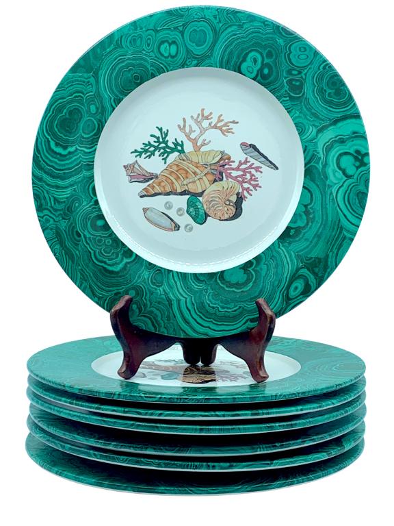 LA MAISON SOLEIL OCEAN GREEN SEASHELL PLATES 12": -LA MAISON AU SOLEIL OCEAN GREEN SEASHELL PLATES -HAND MADE PORCELAIN PLATES WITH SEASHELL MOTIF IN THE CENTER-BONE WHITE PORCELAIN WITH SEAFOAM GREEN MARBLED PATTERN TRIM -SET OF 7 PLATES-MAKERS MARK