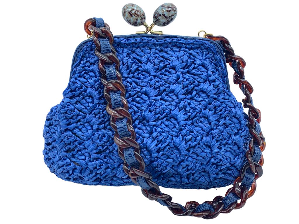 LALO ELECTRIC BLUE WOVEN COTTON KISS LOCK HANDBAG: -LALO ELECTRIC BLUE WOVEN COTTON KISS LOCK HANDBAG -HAND MADE IN ITALY-COTTON CONSTRUCTION WITH BEADED CLASP -INCLUDES TORTOISE SHELL OVER THE SHOULDER STRAP-SIZE: 9" X 4" X 8"JR 12/19