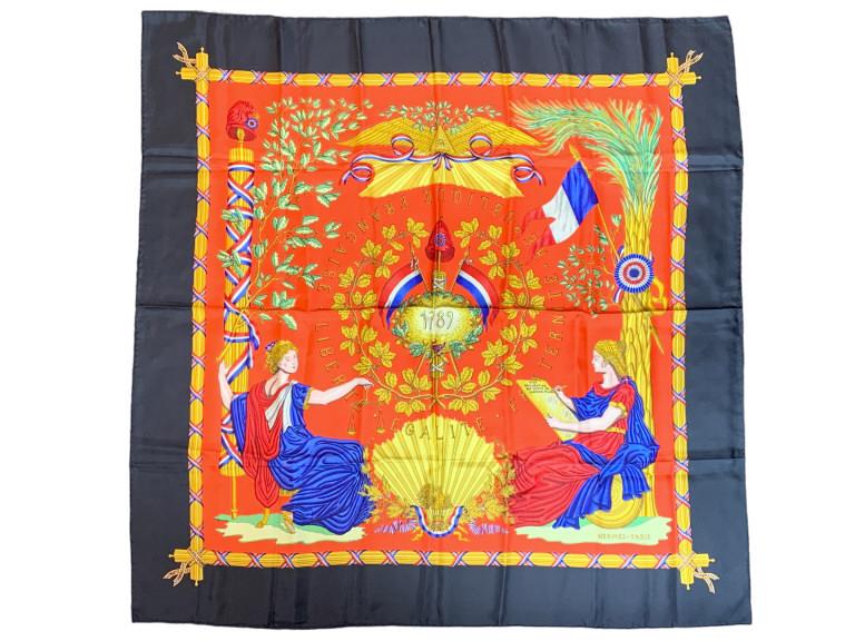 HERMES "1789 LIBERTE EGALITE FRATERNIE" SCARF: HERMES SCARF -BLACK/RED/GOLD/GREEN/BLUE SILK -100% TWILL SILK -90*90CM- "1789 LIBERTE EGALITE FRATERNITE" BY JOACHIM METZ -ALL SCARVES HAVE BEEN AUTHENTICATED BOX 3 AAT9296