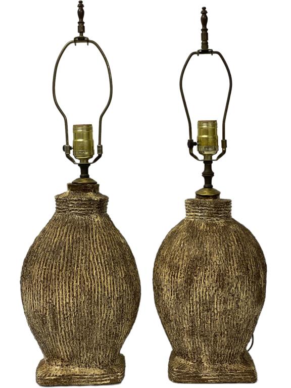 LEE ROSEN DESIGN TECHNICS POTTERY LAMPS 24", PAIR: PAIR OF LEE ROSEN DESIGN TECHNICS POTTERY LAMPS MANNER OF GAMBONE | MID CENTURY MODERN HOME DECOR MID MOD VINTAGE FURNITURE -24" X 7" DIAMETER APPROX-GOOD PRE OWNED CONDITION, MINOR WEAR-DP92122- Bidd