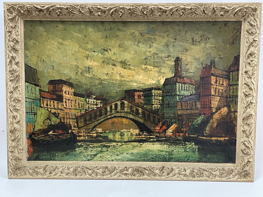 ARTURO TOSI OIL PAINTING ON CANVAS 41": ARTURO TOSI OIL PAINTING ON CANVAS | ITALY ITALIAN LANDSCAPE ITALIAN CITYSCAPE -29" X 41" APPROX TO FRAME-GOOD PRE OWNED CONDITION,MINOR WEAR-DP101422