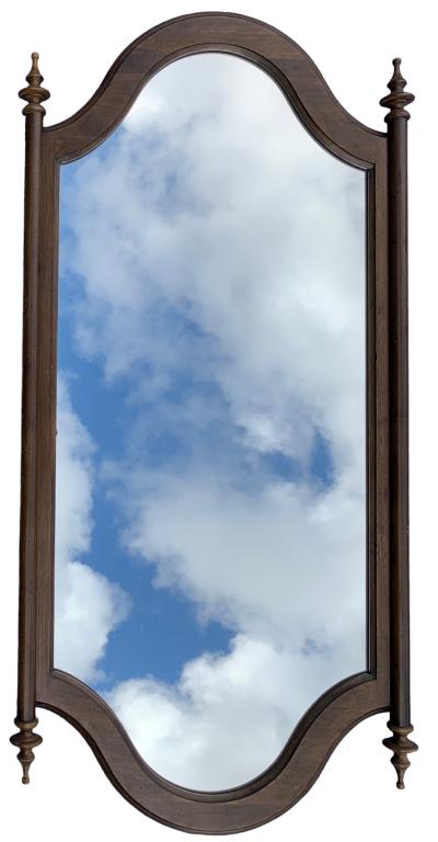 DECORATIVE WOOD PEDIMENT STYLE MIRROR 46": DECORATIVE THOMASVILLE STYLE WOOD PEDIMENT MIRROR | MID CENTURY HOME DECOR MIRRORS-21.5" X 46" APPROX-PRE OWNED CONDITION