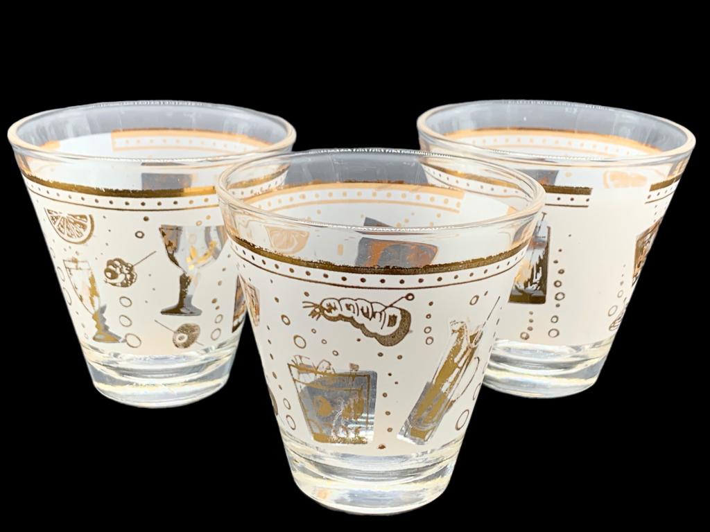 ETCHED GLASS & GOLD COCKTAIL CORDIAL GLASSES 2.5" (1 of 6)