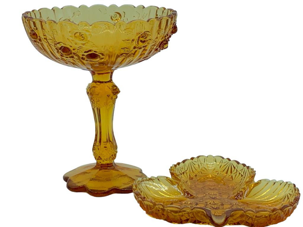 FENTON AMBER CABAGE ROSE COMPOTE SET (2) (1 of 7)