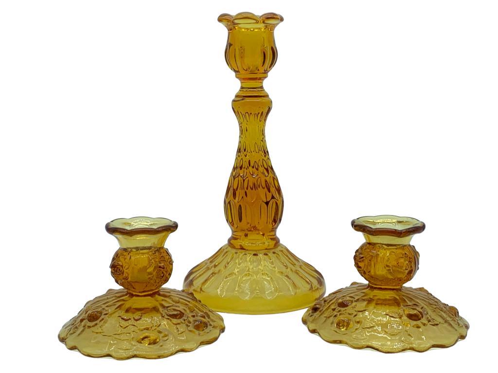 -FENTON CABAGE ROSE AMBER GLASS CANDLE HOLDER(3) (1 of 5)