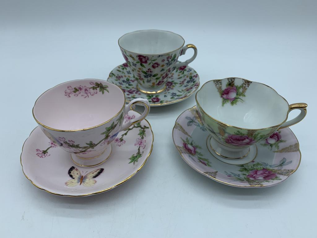 VTG TEA CUP TRIO, DELICATE FLORALS PLUS BUTTERFLY: VTG TEA CUP TRIO, DELICATE FLORALS PLUS BUTTERFLY , LOT OF 3